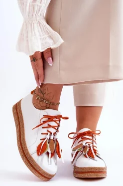 Outlet Skórzane Półbuty 04550-11 Białe Damskie Buty Sportowe Na Platformie