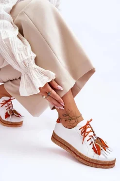 Outlet Skórzane Półbuty 04550-11 Białe Damskie Buty Sportowe Na Platformie