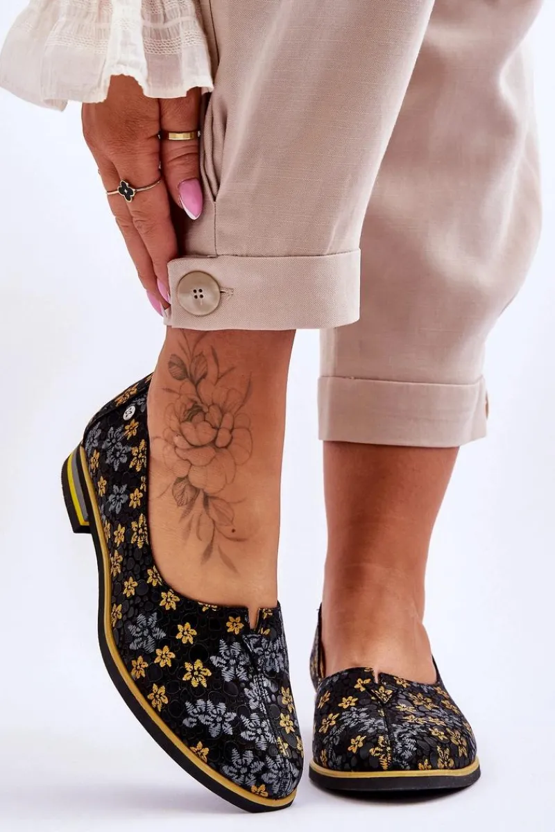 Półbuty Skórzane|Mokasyny Damskie Skórzane>Maciejka Skórzane Półbuty Żółte Kwiaty 05035-38 Czarne