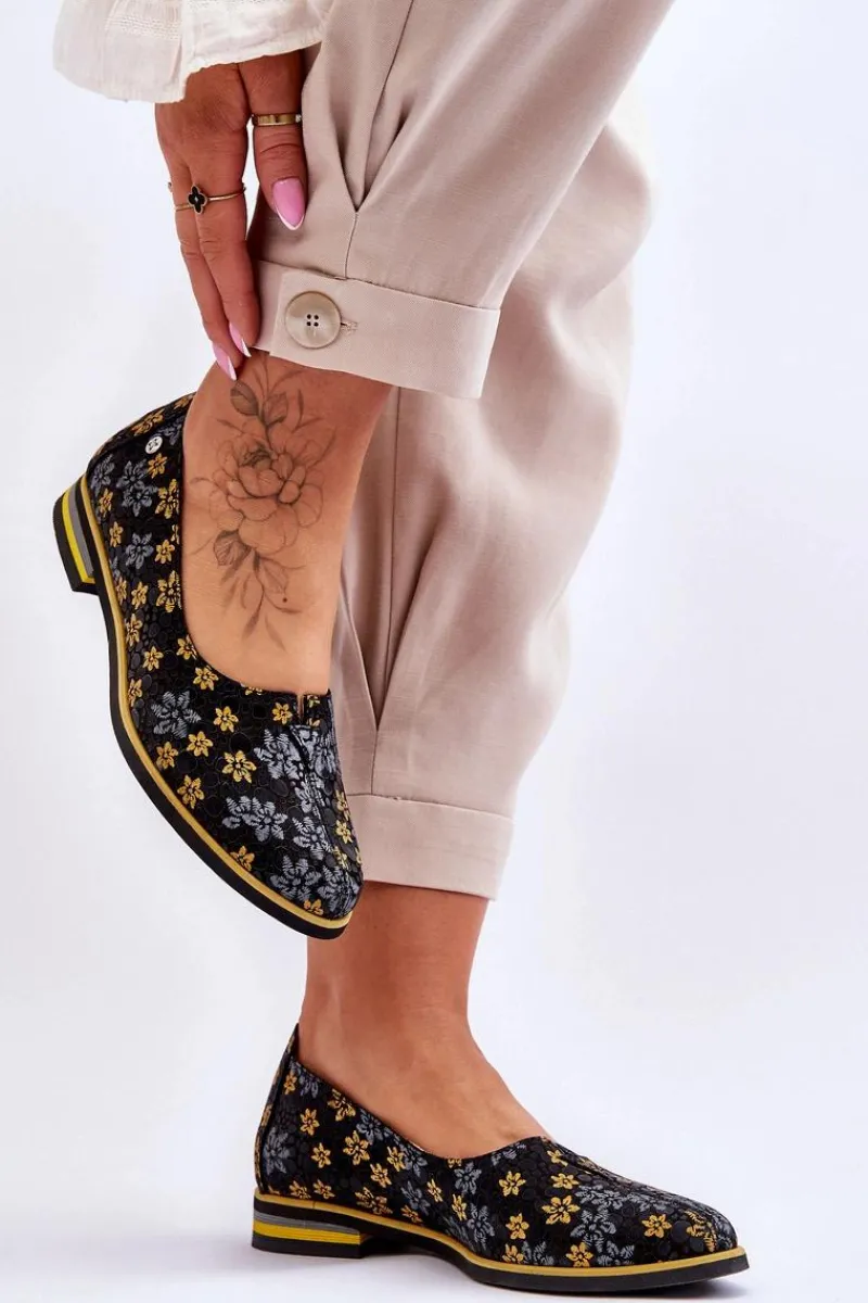 Półbuty Skórzane|Mokasyny Damskie Skórzane>Maciejka Skórzane Półbuty Żółte Kwiaty 05035-38 Czarne