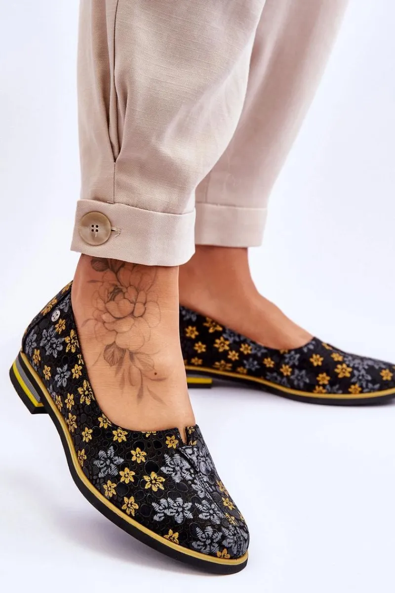 Półbuty Skórzane|Mokasyny Damskie Skórzane>Maciejka Skórzane Półbuty Żółte Kwiaty 05035-38 Czarne