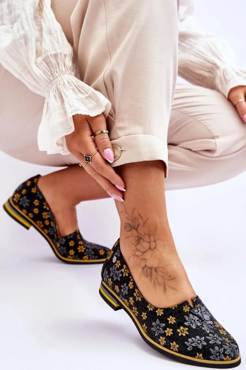 Półbuty Skórzane|Mokasyny Damskie Skórzane>Maciejka Skórzane Półbuty Żółte Kwiaty 05035-38 Czarne