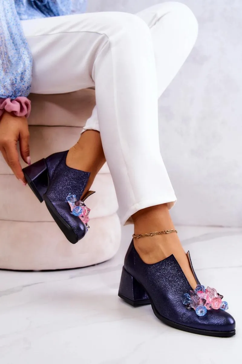 Boto Skórzane Półbuty Metaliczne Z Ozdobą Granatowe Delaver