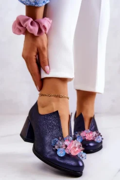 Boto Skórzane Półbuty Metaliczne Z Ozdobą Granatowe Delaver