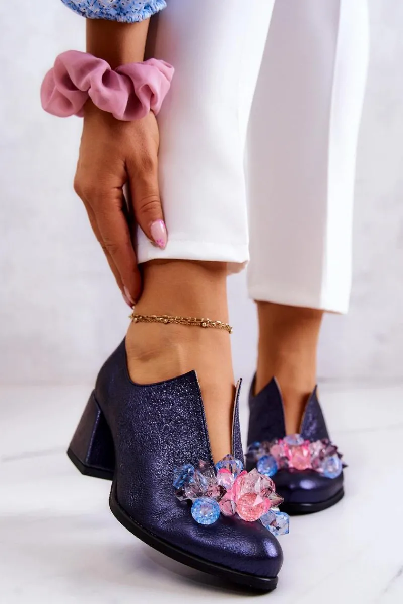 Boto Skórzane Półbuty Metaliczne Z Ozdobą Granatowe Delaver