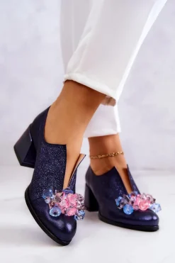 Boto Skórzane Półbuty Metaliczne Z Ozdobą Granatowe Delaver