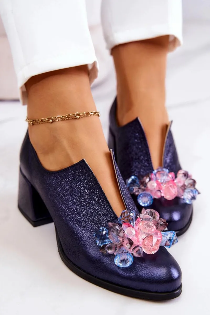 Boto Skórzane Półbuty Metaliczne Z Ozdobą Granatowe Delaver