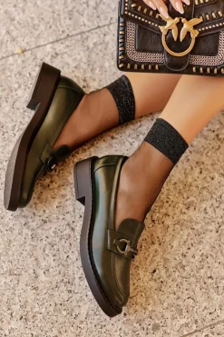 Buty Sergio Leone Skórzane Półbuty Mokasyny Damskie Ciemnozielone Beanika