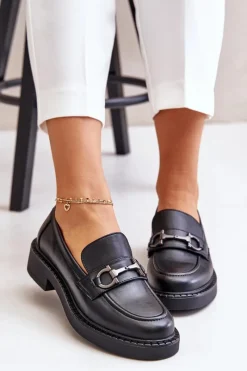 Hot Buty Sergio Leone Skórzane Półbuty Mokasyny Damskie Czarne Beanika Czarny