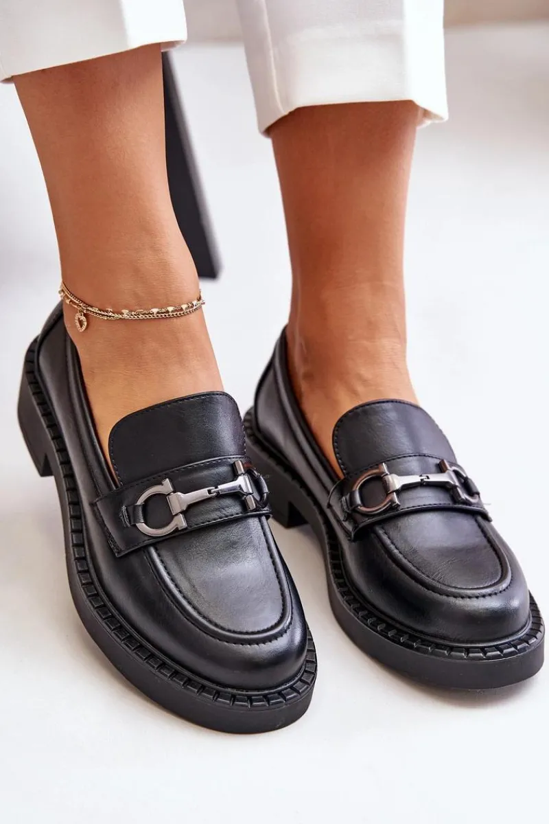 Hot Buty Sergio Leone Skórzane Półbuty Mokasyny Damskie Czarne Beanika Czarny