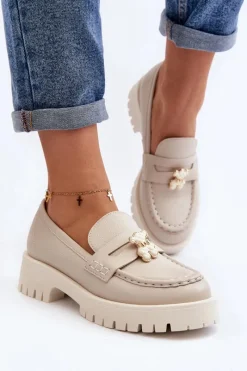 Discount Skórzane Półbuty Mokasyny Z Misiem 4291 Jasnobeżowe Damskie Mokasyny Damskie Skórzane