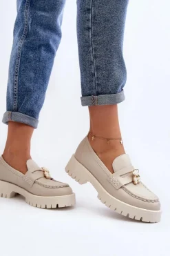 Discount Skórzane Półbuty Mokasyny Z Misiem 4291 Jasnobeżowe Damskie Mokasyny Damskie Skórzane