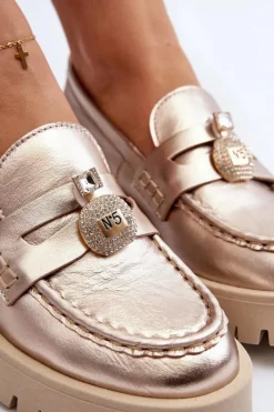 Clearance Skórzane Półbuty Mokasyny Z Ozdobą 4291 Złote Damskie Mokasyny Płaskie|Mokasyny Damskie Skórzane