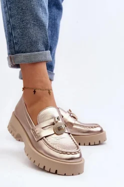 Clearance Skórzane Półbuty Mokasyny Z Ozdobą 4291 Złote Damskie Mokasyny Płaskie|Mokasyny Damskie Skórzane
