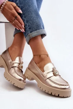 Clearance Skórzane Półbuty Mokasyny Z Ozdobą 4291 Złote Damskie Mokasyny Płaskie|Mokasyny Damskie Skórzane