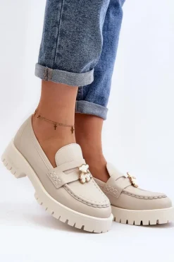 Mokasyny Płaskie|Mokasyny Damskie Skórzane>CheBello Skórzane Półbuty Mokasyny Z Misiem 4291 Jasnobeżowe