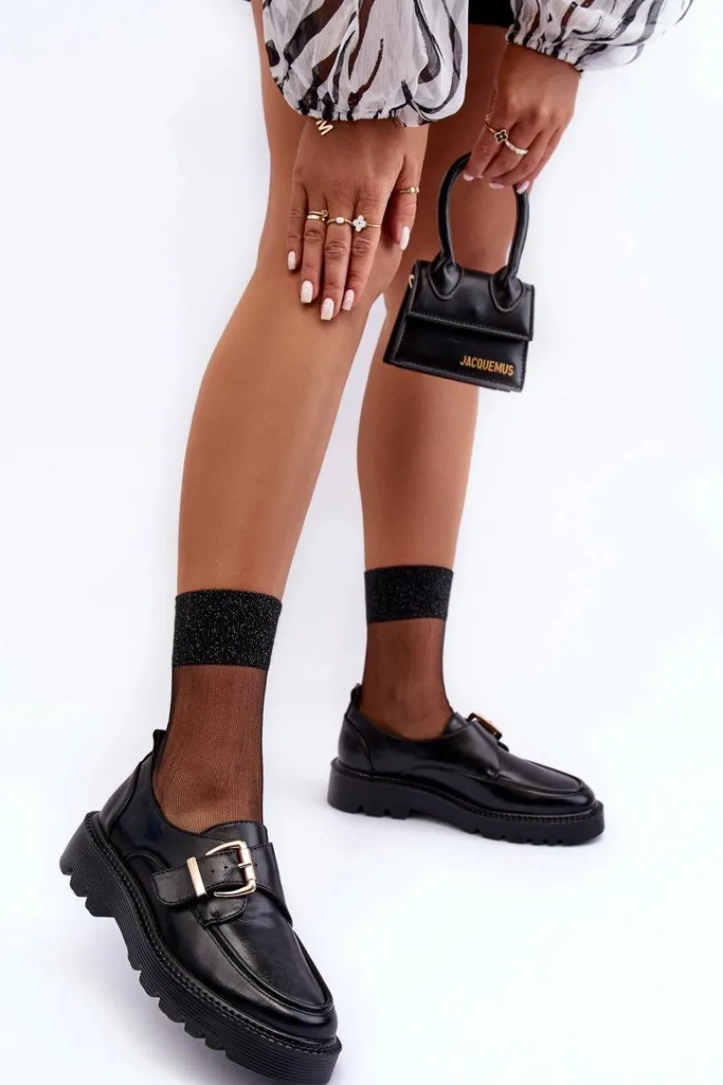 Discount Buty damskie Vinceza Skórzane Półbuty Na Płaskim Obcasie Z Klamrą Czarne Meara