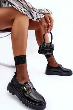 Discount Buty damskie Vinceza Skórzane Półbuty Na Płaskim Obcasie Z Klamrą Czarne Meara