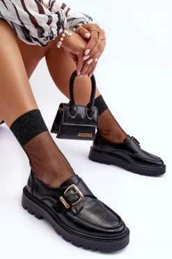 Discount Buty damskie Vinceza Skórzane Półbuty Na Płaskim Obcasie Z Klamrą Czarne Meara