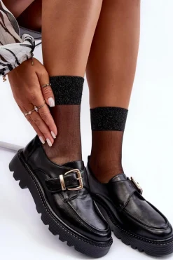 Discount Buty damskie Vinceza Skórzane Półbuty Na Płaskim Obcasie Z Klamrą Czarne Meara