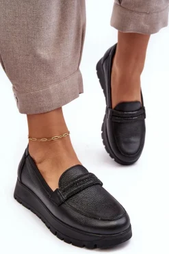 Outlet Skórzane Półbuty Na Platformie Z Ozdobą Czarne Lemar Lehira Damskie Półbuty Skórzane|Mokasyny Na Platformie