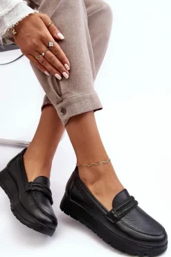 Outlet Skórzane Półbuty Na Platformie Z Ozdobą Czarne Lemar Lehira Damskie Półbuty Skórzane|Mokasyny Na Platformie
