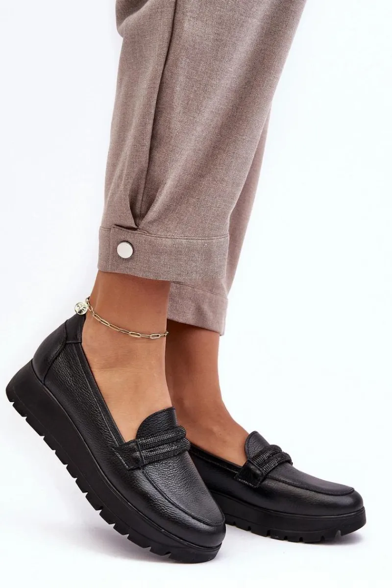 Outlet Skórzane Półbuty Na Platformie Z Ozdobą Czarne Lemar Lehira Damskie Półbuty Skórzane|Mokasyny Na Platformie