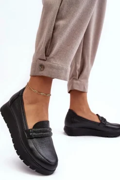 Outlet Skórzane Półbuty Na Platformie Z Ozdobą Czarne Lemar Lehira Damskie Półbuty Skórzane|Mokasyny Na Platformie