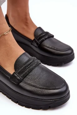 Outlet Skórzane Półbuty Na Platformie Z Ozdobą Czarne Lemar Lehira Damskie Półbuty Skórzane|Mokasyny Na Platformie