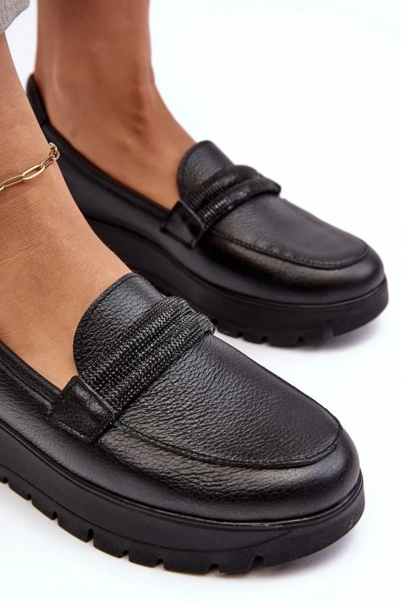 Outlet Skórzane Półbuty Na Platformie Z Ozdobą Czarne Lemar Lehira Damskie Półbuty Skórzane|Mokasyny Na Platformie