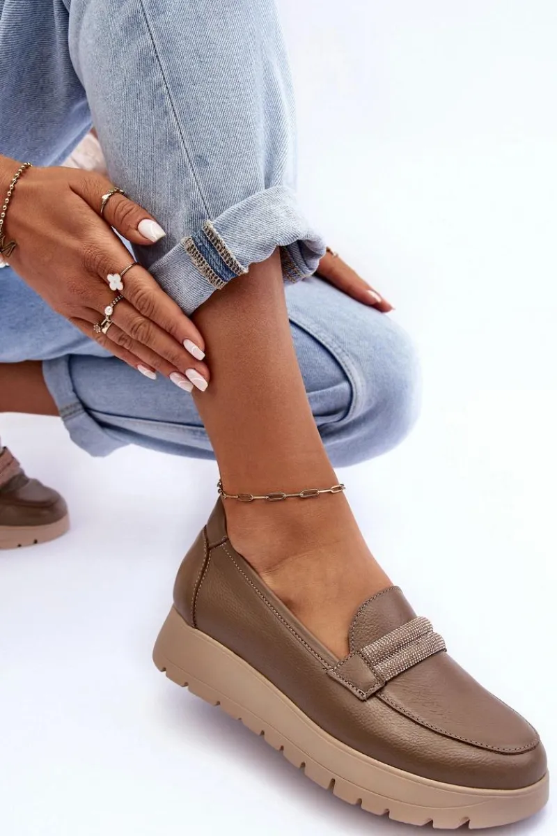 Sale Boto Skórzane Półbuty Na Platformie Z Ozdobą Beżowe Lemar Lehira Beżowy