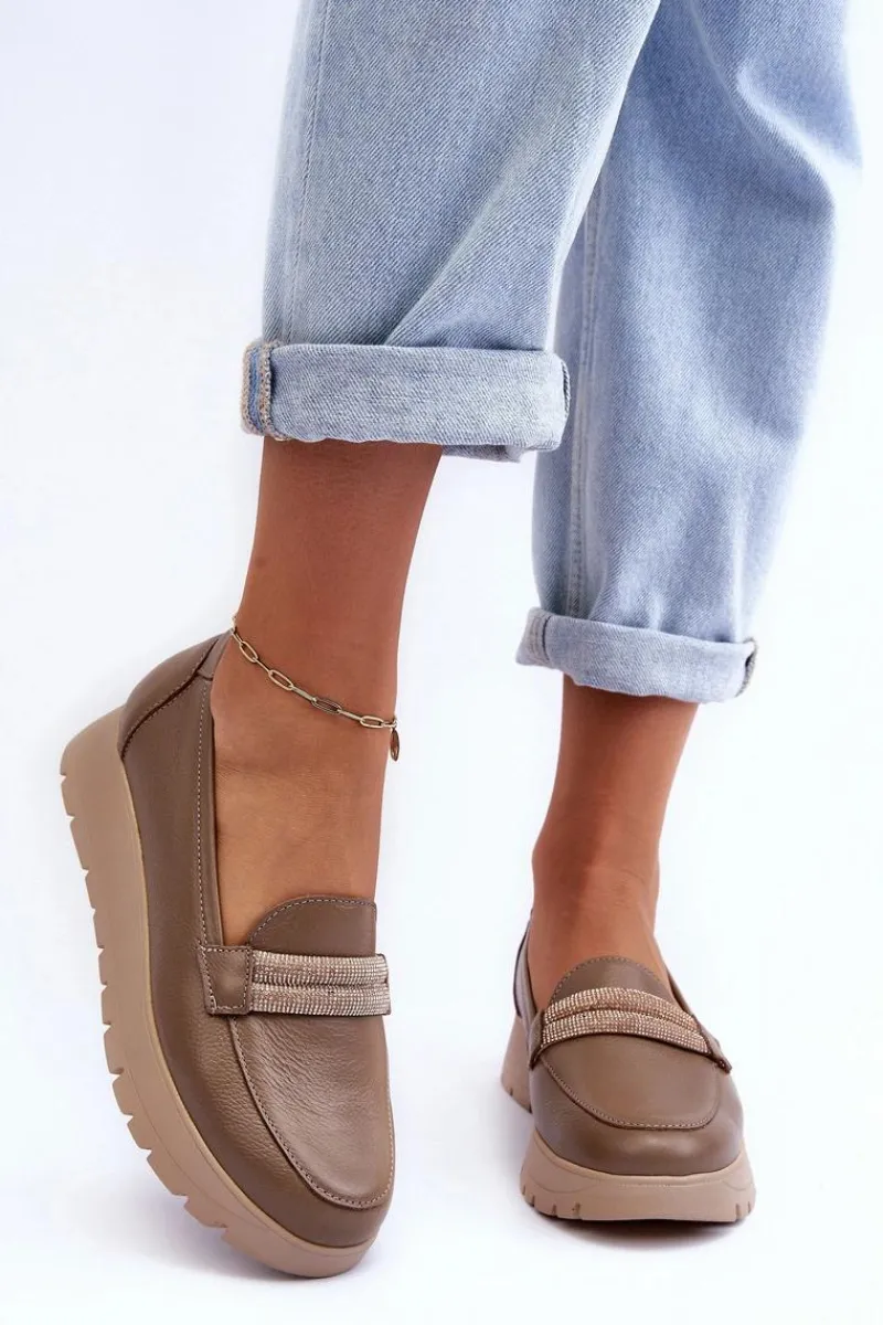 Sale Boto Skórzane Półbuty Na Platformie Z Ozdobą Beżowe Lemar Lehira Beżowy