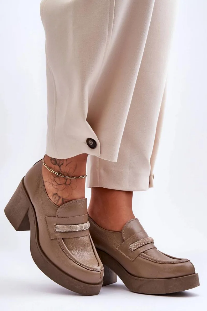 Outlet Boto Skórzane Półbuty Na Słupku Z Ozdobą Ciemnobeżowe Lemar Gelanor Beżowy