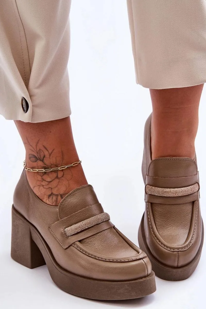 Outlet Boto Skórzane Półbuty Na Słupku Z Ozdobą Ciemnobeżowe Lemar Gelanor Beżowy