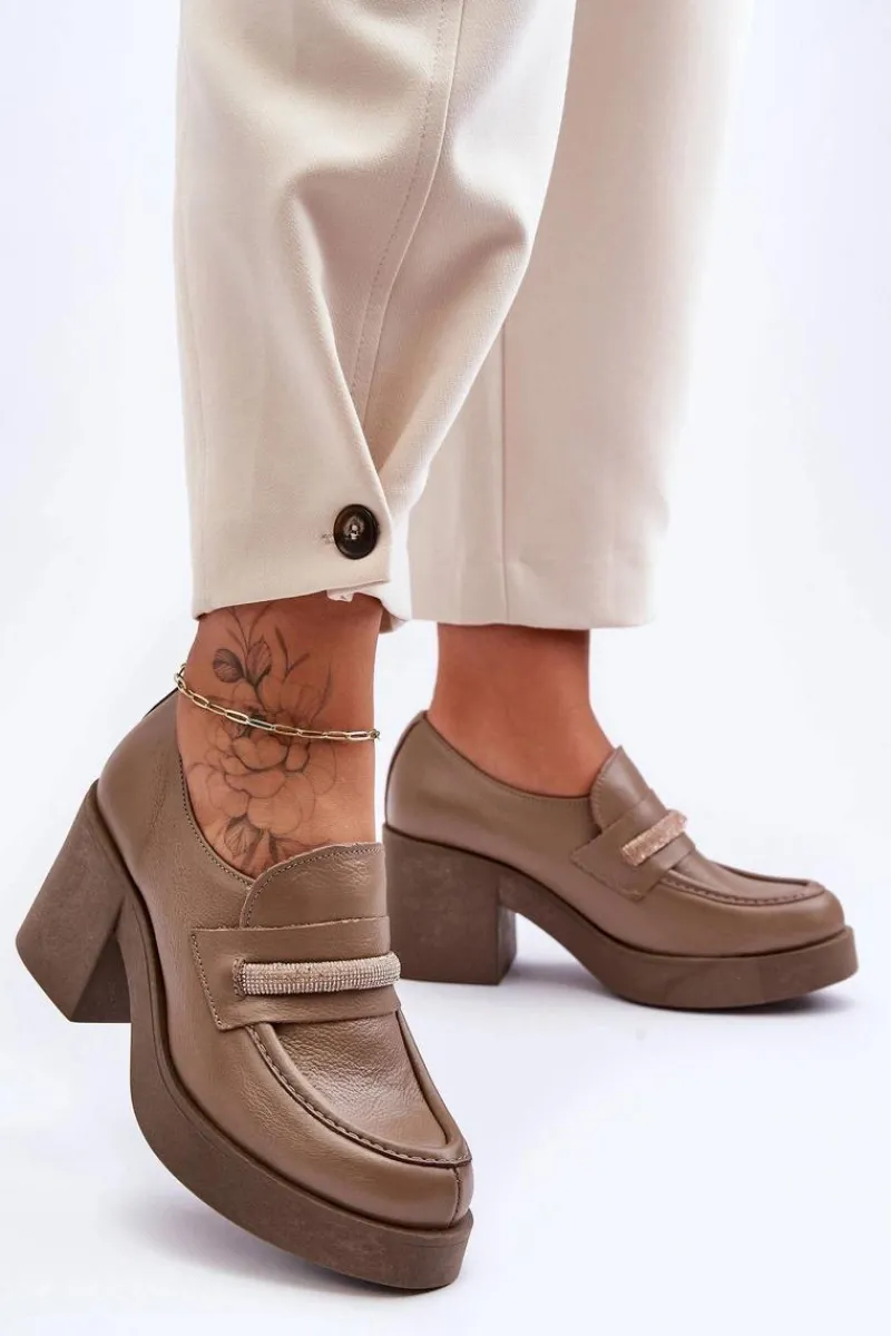 Outlet Boto Skórzane Półbuty Na Słupku Z Ozdobą Ciemnobeżowe Lemar Gelanor Beżowy