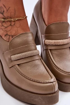 Outlet Boto Skórzane Półbuty Na Słupku Z Ozdobą Ciemnobeżowe Lemar Gelanor Beżowy