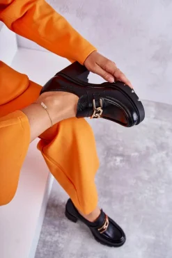 Clearance Skórzane Półbuty Na Słupku Ze Złotą Ozdobą Czarne Lemar Mikeyla Damskie Półbuty Lakierowane|Półbuty Skórzane