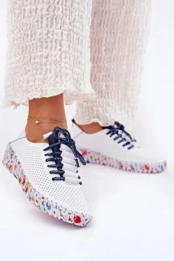 Skórzane Półbuty Na Wzorzystej Platformie 52C1713 Biało-Granatowe Damskie Buty Sportowe Na Platformie|Półbuty Skórzane