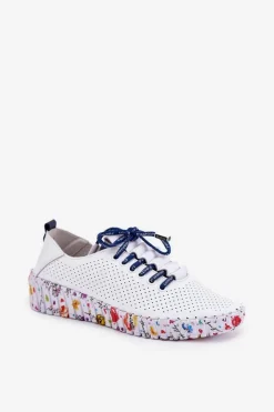 Skórzane Półbuty Na Wzorzystej Platformie 52C1713 Biało-Granatowe Damskie Buty Sportowe Na Platformie|Półbuty Skórzane