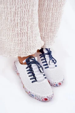 Skórzane Półbuty Na Wzorzystej Platformie 52C1713 Biało-Granatowe Damskie Buty Sportowe Na Platformie|Półbuty Skórzane