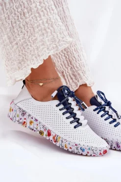 Skórzane Półbuty Na Wzorzystej Platformie 52C1713 Biało-Granatowe Damskie Buty Sportowe Na Platformie|Półbuty Skórzane