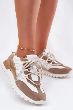 Clearance Artiker Skórzane Półbuty Sneakersy Damskie 56C1738 Beżowo-Złote