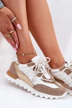 Clearance Artiker Skórzane Półbuty Sneakersy Damskie 56C1738 Beżowo-Złote