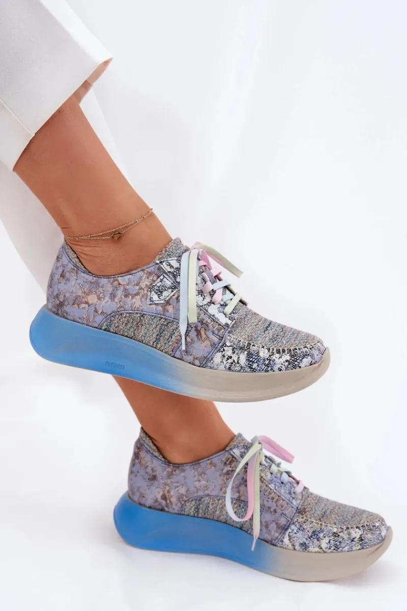 New Skórzane Półbuty Sneakersy Damskie Na Platformie 06776A-06 Niebieskie Damskie Buty Sportowe Na Platformie|Półbuty Skórzane