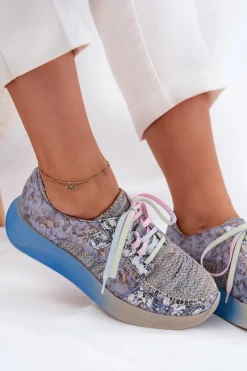 New Skórzane Półbuty Sneakersy Damskie Na Platformie 06776A-06 Niebieskie Damskie Buty Sportowe Na Platformie|Półbuty Skórzane