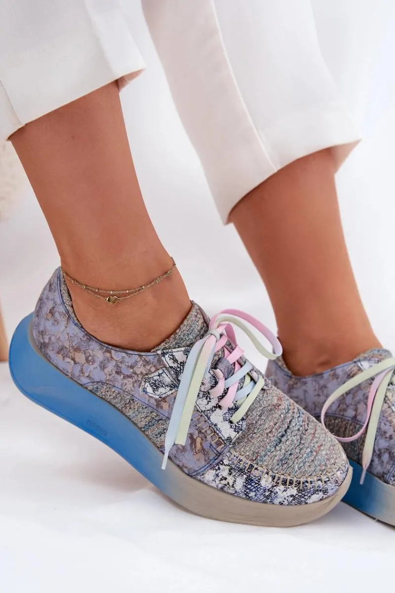 New Skórzane Półbuty Sneakersy Damskie Na Platformie 06776A-06 Niebieskie Damskie Buty Sportowe Na Platformie|Półbuty Skórzane