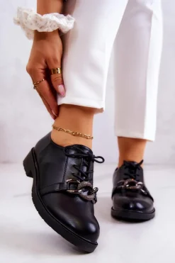 Sale Damskie buty S.Barski Skórzane Półbuty Wiązane Z Ozdobą Czarne Larosa