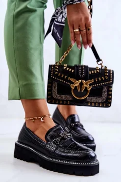 Mokasyny Damskie Skórzane>Damskie buty S.Barski Skórzane Półbuty Wężowe Z Ozdobą Czarne Adison