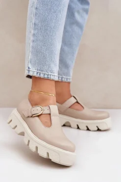 Skórzane Półbuty Z Klamrą 20183 Beżowe Damskie Półbuty Skórzane