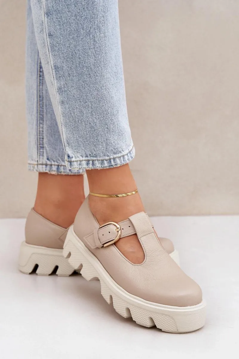 Skórzane Półbuty Z Klamrą 20183 Beżowe Damskie Półbuty Skórzane